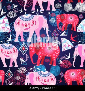 Seamless bright print with elephants and geometry on a dark background. Design template for wallpaper, poster or packaging. Stock Vector