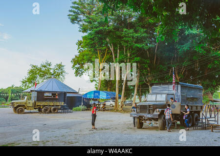 KANCHANABURI THAILAND-JULY 16,2019 : Unidentified tourists come to visit and take pictures at  World War ll Bridge Project near The Bridge on the Rive Stock Photo