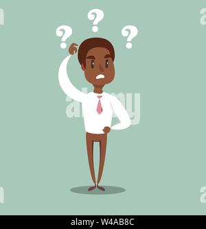 man is thinking. Question mark and manager. Pensive Businessman. Businessman thinking. Vector cartoon character design Stock Vector