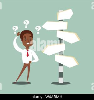 black african american businessman standing at cross road confused by direction signs. Choices and decision concept. Stock Vector