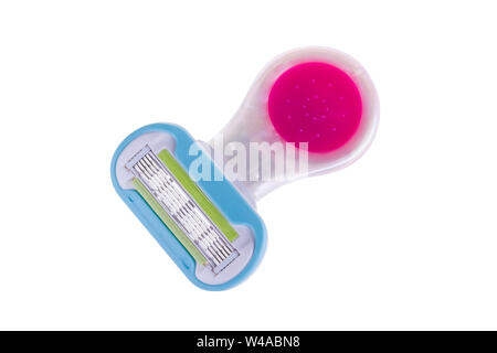 Pink and blue women's shaving razor isolated on white background, with clipping path. Stock Photo