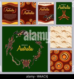 Set of colorful flyers, posters, banners, placards, cards, brochure design templates, seamless patterns. Aboriginal style. Australian style. Vector. Stock Vector