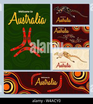 Set of colorful flyers, posters, banners, placards, cards, brochure design templates, seamless patterns. Aboriginal style. Australian style. Vector. Stock Vector