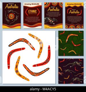 Set of colorful flyers, posters, banners, placards, cards, brochure design templates, seamless patterns. Aboriginal style. Australian style. Vector. Stock Vector