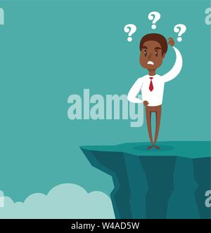 Gap on way to success. black african american businessman standing in front of abyss. Business challenge concept. Stock Vector