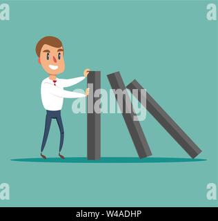 Businessman stopping falling domino - concept. Symbol of crisis, risk, management, leadership and determination. Stock Vector