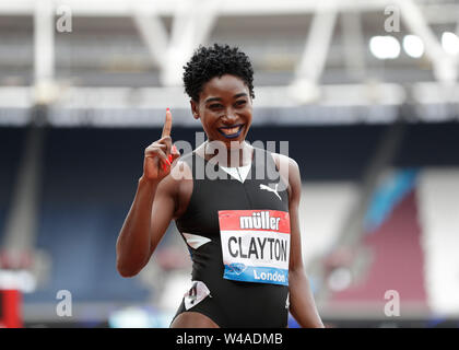 London Stadium, London, UK. 21st July, 2019. IAAF Muller Anniversary Games Athletics; Rushell Clayton of Jamaica celebrates after fishing 1st in the women's 400m hurdles Credit: Action Plus Sports/Alamy Live News Stock Photo