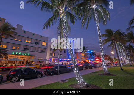 CHRISTMAS LIGHTS ON PALM TREES HOTELS OCEAN DRIVE LUMMUS PARK SOUTH BEACH MIAMI BEACH FLORIDA USA Stock Photo