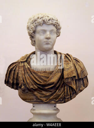Caracalla (188-217). Roman Emperor. Marble head as a youth set in a modern alabaster bust. C. 212 AD. Naples Archaeological Museum. Stock Photo