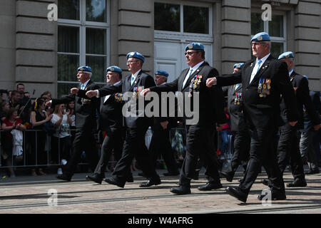 Brussels, Belgium. 21st July, 2019. Veterans take part in the parade during the Belgian National Day celebrations in Brussels, Belgium, July 21, 2019. The Belgian National Day is celebrated on Sunday. Credit: Zheng Huansong/Xinhua/Alamy Live News Stock Photo