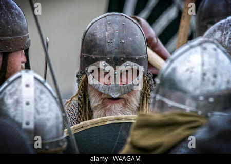 Viking Reenactors at Heysham village, Lancashire, UK. 21st July 2019.  The fantastic Viking Festival with a living history encampment, parade, battle re-enactment, weapons display, & combat competition returns for the fourth year to Half Moon Bay on the Heysham seafront in Lancashire.  Credit: Cernan Elias/Alamy Live News Stock Photo