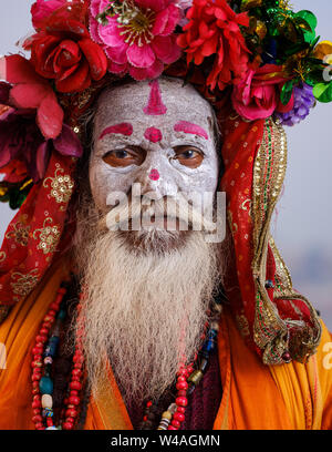 Varanasi, INDIA - CIRCA NOVEMBER 2018: Portrait of a Sadhu in Varanasi. The Sadhus or Holy Man are widely respected in India. Varanasi is the spiritua Stock Photo