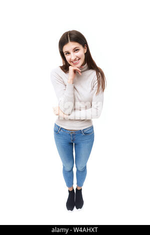 studio portrait of a beautiful caucasian woman, looking at camera smiling, high angle view, isolated on white background Stock Photo