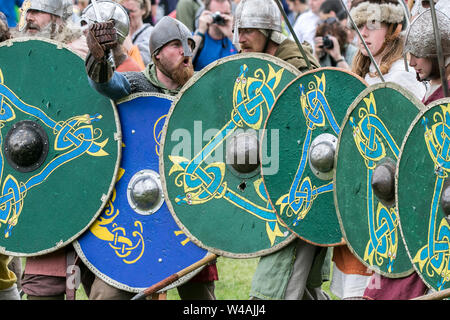 Heysham, Lancashire. 21st July 2019.  The fantastic Viking Festival with a living history encampment, parade, battle re-enactment, weapons display, craft stalls & combat competition returns for the fourth year to Half Moon Bay on the Heysham seafront in Lancashire.  Credit: Cernan Elias/Alamy Live News Stock Photo