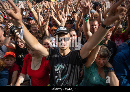 Tver region, Russia. 20th, July 2019. Rock music fans attend a concert at the 2019 Nashestvie open air rock music festival in the village of Bolshoye Zavidovo Stock Photo