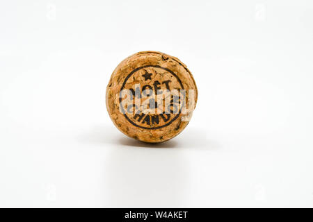 EUROPE - JULY 2019: Close up of the top of a cork from a bottle of Moet & Chandon champagne.. Stock Photo