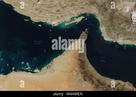 Strait of Hormuz, a strait between the Persian Gulf and the Gulf of Oman, seen from space - Elements of this image furnished by NASA Stock Photo