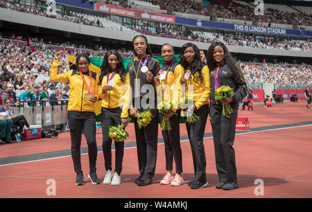London, UK. 21st July, 2019. Jamaica's 4x400m Women's Relay team have their bronze medals upgraded to silver for the London 2012 Olympics during the MŸller Anniversary Games London Grand Prix 2019 at the Olympic Park, London, England on 21 July 2019. Photo by Andy Rowland/PRiME Media Images. Credit: PRiME Media Images/Alamy Live News Stock Photo