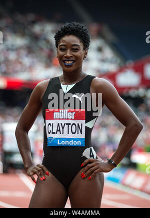 London, UK. 21st July, 2019. Rushell CLAYTON (JAM) winner of the women's 400m hurdles during the MŸller Anniversary Games London Grand Prix 2019 at the Olympic Park, London, England on 21 July 2019. Photo by Andy Rowland/PRiME Media Images. Credit: PRiME Media Images/Alamy Live News Stock Photo
