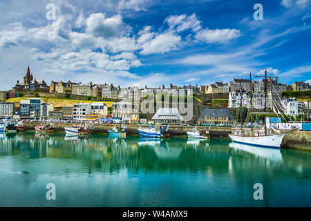 Scenic skyline or cityscape of Granville historic old and high town, waterfront and port, Normandy Coast, France. Stock Photo