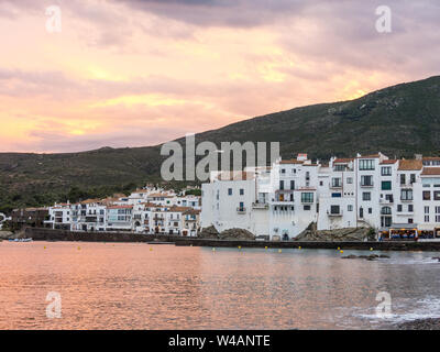 Sunset in the village of Cadaques. Romanticism in the Mediterranean Sea. The town of Salvador Dali, in Costa Brava, Gerona, Catalonia, Spain. Stock Photo