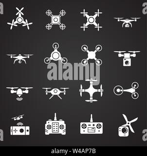 Set of drone related icons. Camera mounts, controller, front view and ...