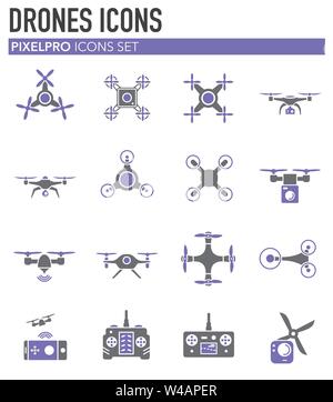 Set of drone related icons. Camera mounts, controller, front view and ...
