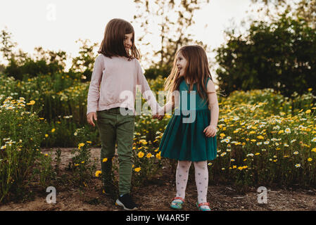 Smiling sisters walking through a field of flowers in spring Stock Photo