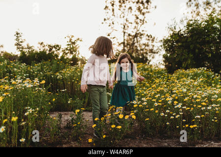 Smiling sisters running through a field of flowers in spring Stock Photo