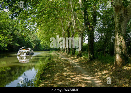 A pleasure boat cruising along the Canal du Midi, France, between the avenue of plane trees that line both sides of the canal Stock Photo