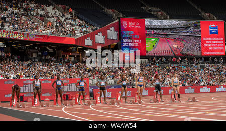 London, UK. 21st July 2019. Start line of the Women's 100m final during Day Two of the Muller Anniversary Games IAAF Diamond League event at the London Stadium on July 21, 2019 in London, England. Gary Mitchell/ Alamy Live News Stock Photo