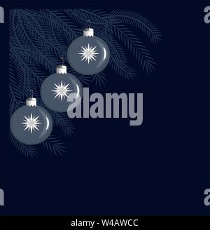 Blue Christmas balls on a very dark blue background on dark coniferous Christmas tree branches. Stock Vector