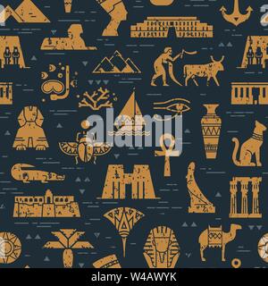 Dark seamless pattern of symbols, landmarks, and signs of Egypt from icons Stock Vector