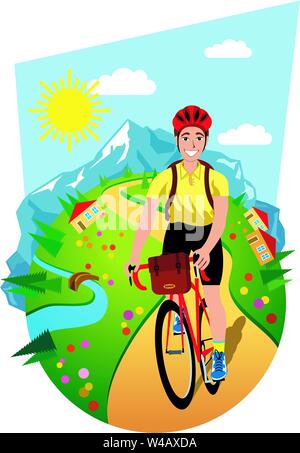 An illustration of a happy bicycler on a mountain road. Stock Vector