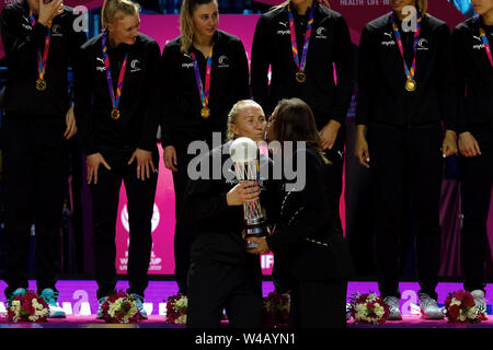 The trophy presented to Laura Langman of New Zealand after the final between Australia and New Zealand, during Day 10 of the Vitality Netball World Cup 2019, at the M & S Bank Arena, Liverpool, England.New Zealand beat Australia: 52-51 Stock Photo