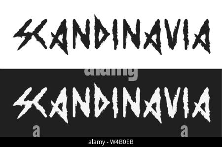 Scandinavia, Vector text label in dark style with the ancient viking alphabet white and black style isolated. Creative caption demonstrates the severi Stock Vector