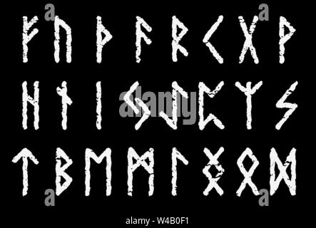 Scandinavian ancient runic alphabet set white color isolated on black background - Vector letter symbols. Stock Vector