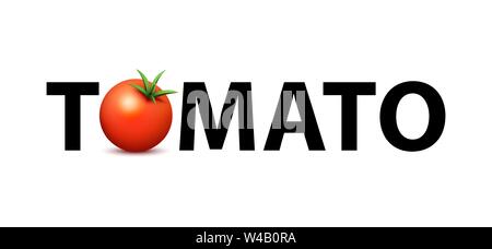 Logo for the Market of fresh organic farms. Creative vector illustration with Text and image of realistic tomato suitable for print in Any size. Stock Vector