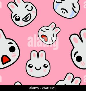 Seamless pattern with cute kawaii emoji rabbits. vector cartoon illustration Stock Vector