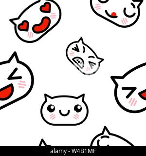 Seamless pattern with cute kawaii emoji kittens. vector cartoon illustration Stock Vector