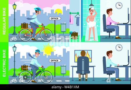 Illustration of man using normal bicycle to work, showering and sitting at office desk versus man using electric bike arrive at office ready to work. Stock Vector
