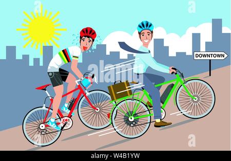 Illustration of two cyclists going up a steep hill one on a green electric bike and the other on a red pedal bike. Stock Vector