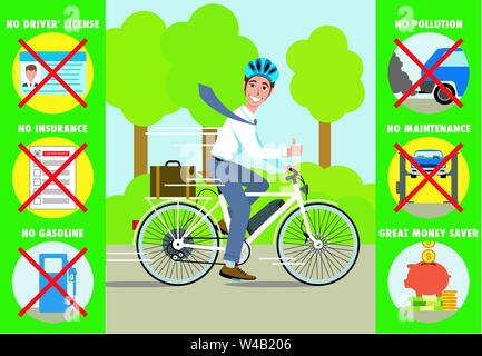 Illustration of an electric bicycle and rider in the countryside with six thumb nail images indicating  the money saver. Stock Vector