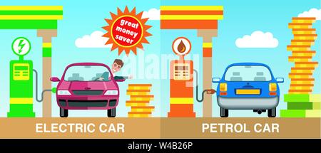 Illustration of a red electric car refueled by a battery charging point with a blue car refueled from a petrol pump with a shaped red car sign Stock Vector