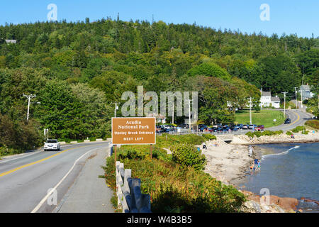 Sign for Stanley Brook entrance to Acadia National Park, Seal Harbor, Maine, USA. Stock Photo