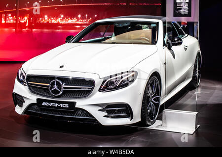 Brussels, Belgium, Jan 2019: white Mercedes AMG E 53 4Matic+ cabriolet at Brussels Motor Show, E-Class cabrio car produced by Mercedes-Benz Stock Photo