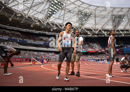 London, UK. 21st July, 2019. Xie Zhenye (2nd L) of China celebrates after the men's 200m final at Muller Anniversary Games at London Stadium in London, UK, on July 21, 2019. Credit: Alberto Pezzali/Xinhua/Alamy Live News Stock Photo