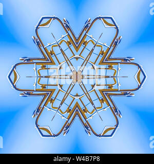 Patterned beams of metal from a work site. Geometric kaleidoscope pattern on mirrored axis of symmetry reflection. Colorful shapes as a wallpaper for Stock Photo
