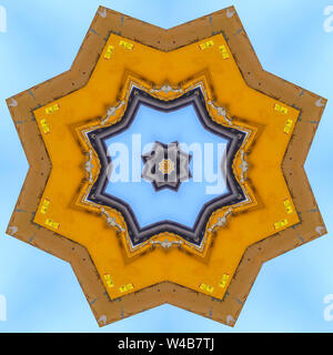 Star emblem made from the arm of a tractor. Geometric kaleidoscope pattern on mirrored axis of symmetry reflection. Colorful shapes as a wallpaper for Stock Photo