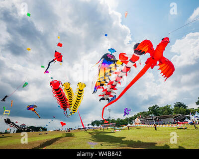 Pasir Gudang, Malaysia - March 3, 2018: Large kites flying at the Pasir Gudang World Kite Festival in the Johor State of Malaysia. Stock Photo